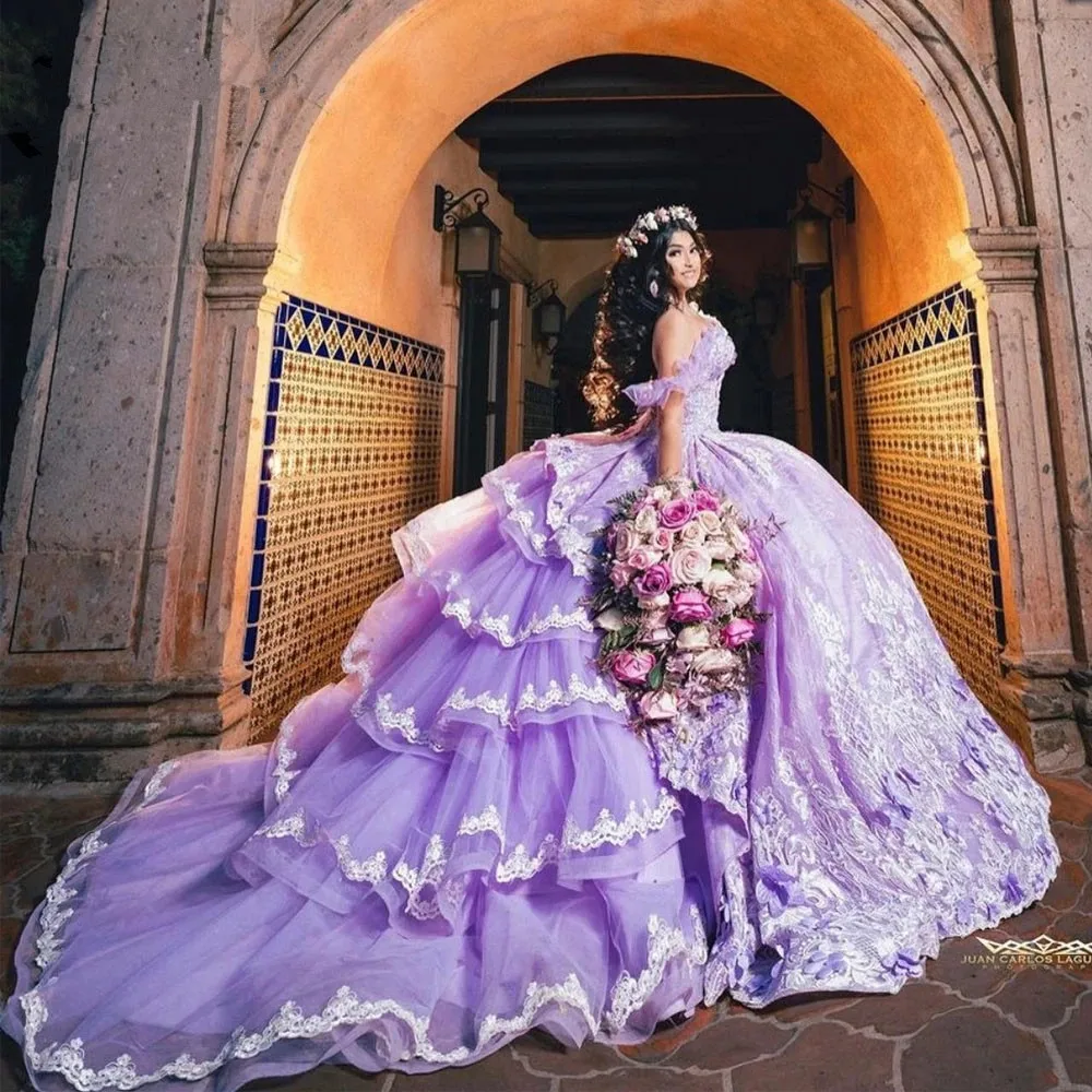 Lila sivke Princesa Quinceanera Obleke Off Ramenski 3D Cvetlični Gillter Sequins Čipke-up Korzet maturantski Vestidos 15 años rosa Slike 0