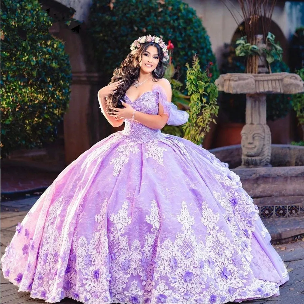Lila sivke Princesa Quinceanera Obleke Off Ramenski 3D Cvetlični Gillter Sequins Čipke-up Korzet maturantski Vestidos 15 años rosa Slike 1