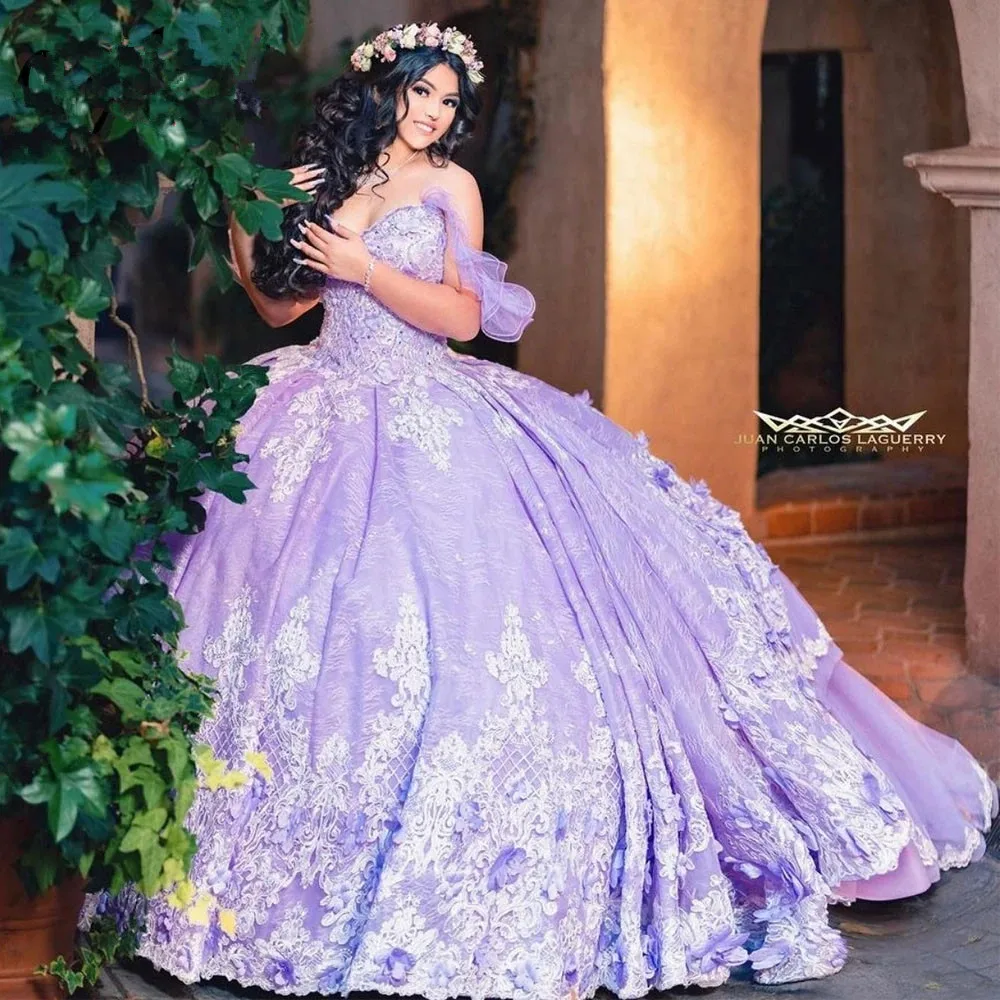 Lila sivke Princesa Quinceanera Obleke Off Ramenski 3D Cvetlični Gillter Sequins Čipke-up Korzet maturantski Vestidos 15 años rosa Slike 2