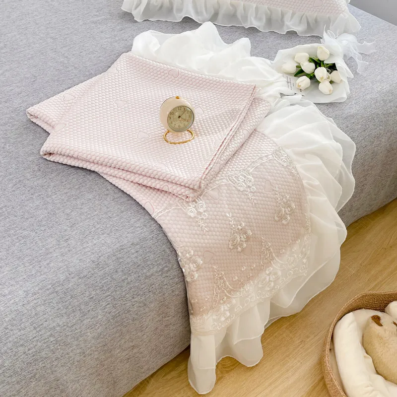 AI WINSURE korejski Princesa Hlajenje Spalna Bedspread za Poletje z Čipke Ruffle klimatska Naprava Mat z 2 Pillowcases 3PCS Slike 5